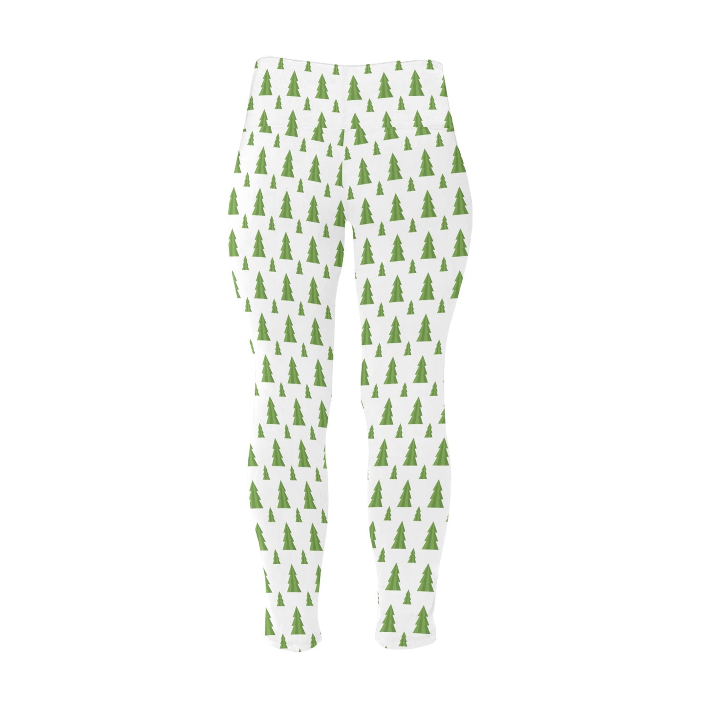 Festive White Green Christmas Trees High Waist Leggings (Plus Size)