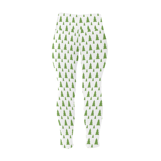 Festive White Green Christmas Trees High Waist Leggings (Plus Size)