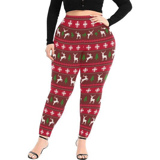 Festive Red Deer High Waist Christmas Leggings (Plus Size)