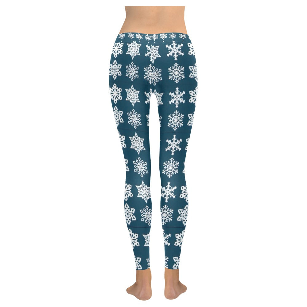 Snowflake Women's All-Over Low Rise Leggings - Festive Blue