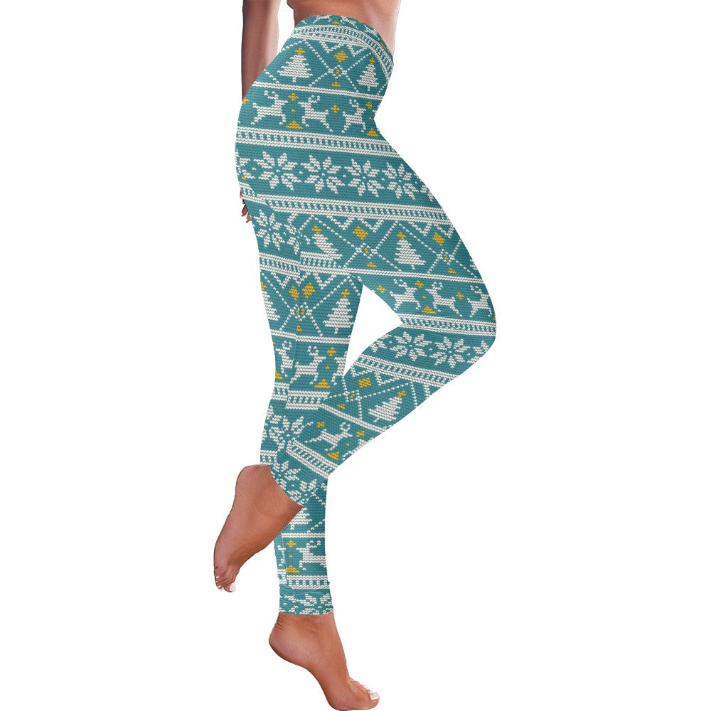 Festive Blue Nordic Knit Christmas Women's Leggings