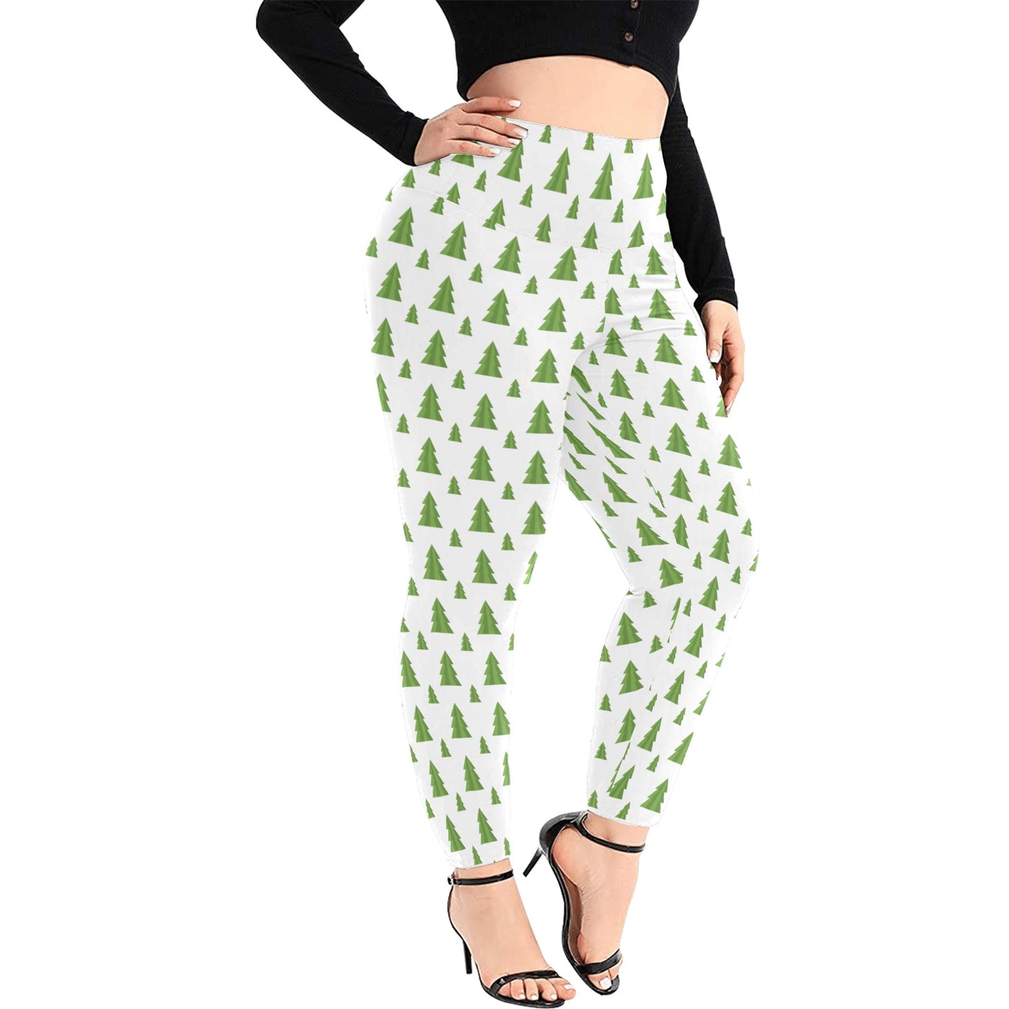 Festive White Green Christmas Trees High Waist Leggings (Plus Size)