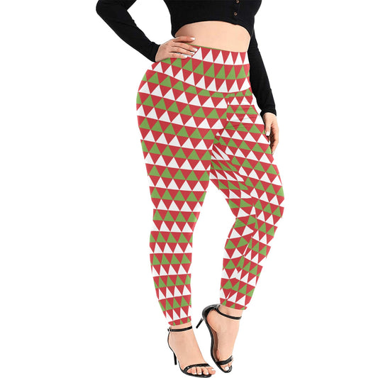 Festive Red Green Triangle Christmas Women's High Waist Leggings