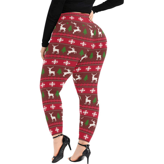 Festive Red Deer High Waist Christmas Leggings (Plus Size)