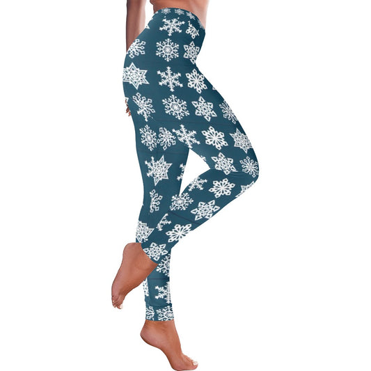 Snowflake Women's All-Over Low Rise Leggings - Festive Blue