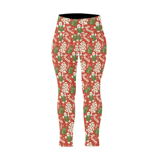 Festive Red White Christmas Women's High Waist Leggings (Plus Size)
