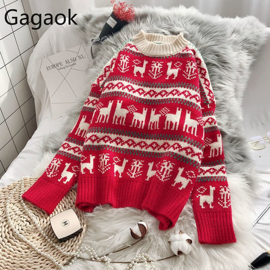 Playful Women's Christmas Sweater - Cozy Harajuku O-Neck Pullover