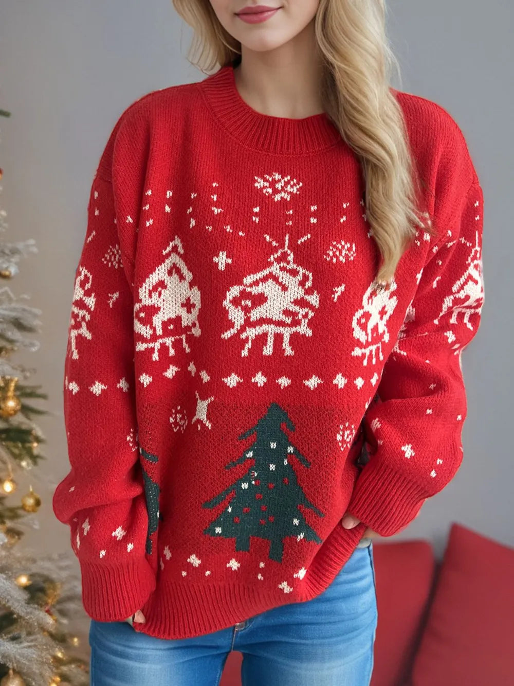 Festive Christmas Element Round Neck Long Sleeve Sweater