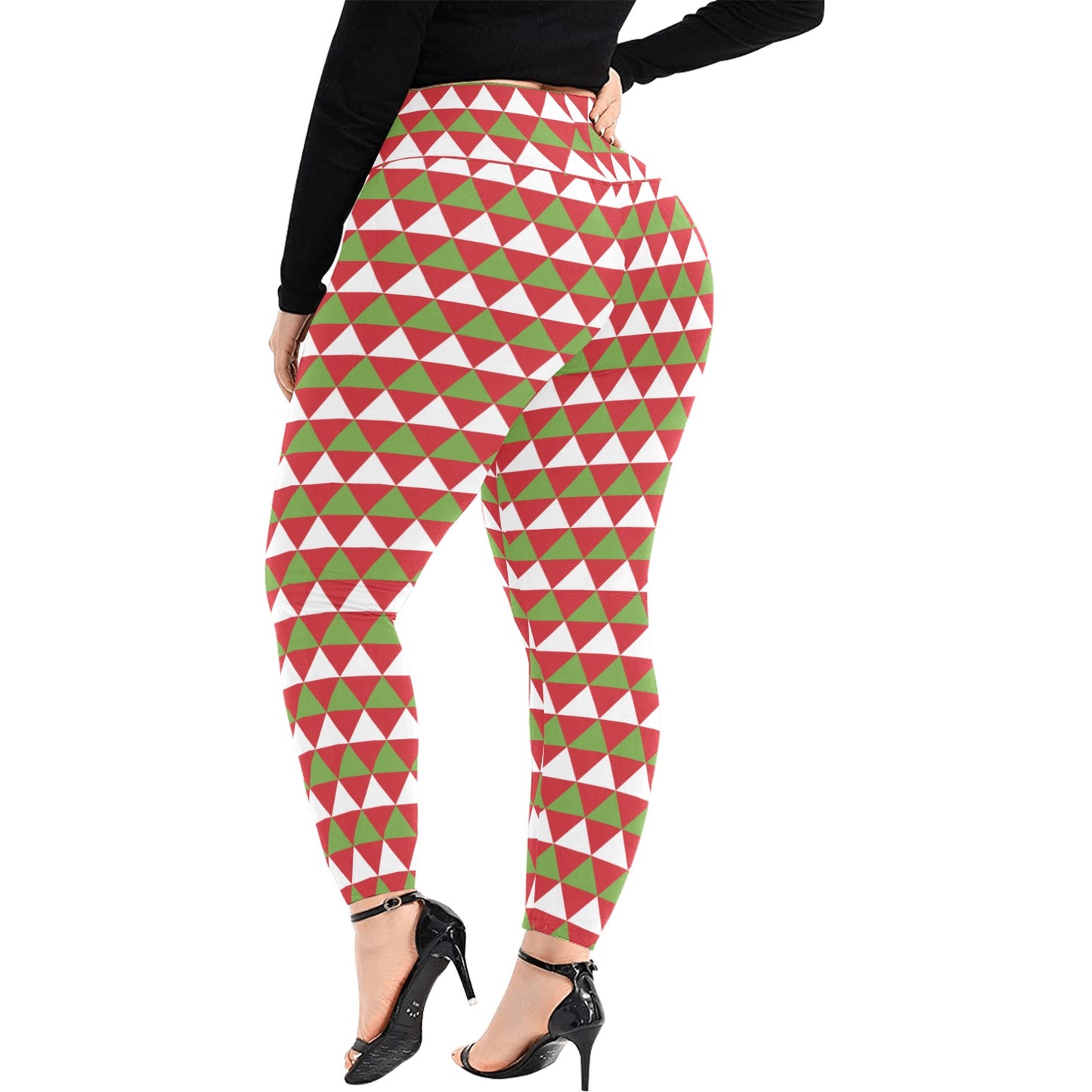 Festive Red Green Triangle Christmas Women's High Waist Leggings