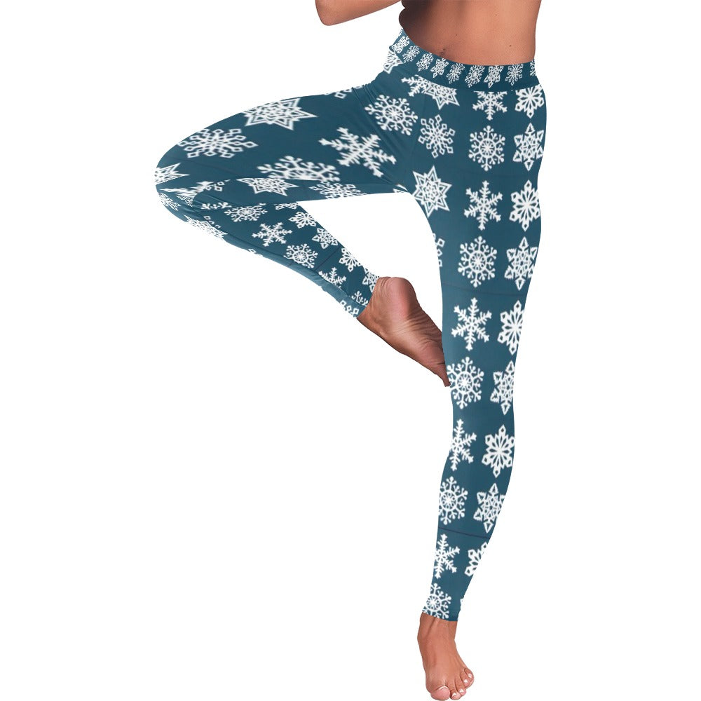 Snowflake Women's All-Over Low Rise Leggings - Festive Blue