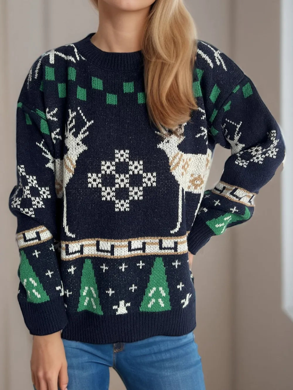 Festive Christmas Element Round Neck Long Sleeve Sweater