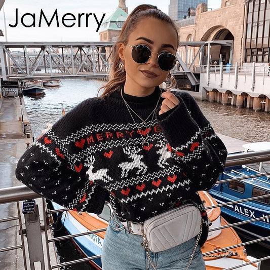 Chic Vintage Christmas Sweater for Women - Deer Print Knitted Pullover