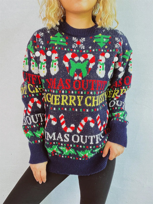Merry Christmas Pattern Round Neck Long Sleeve Sweater