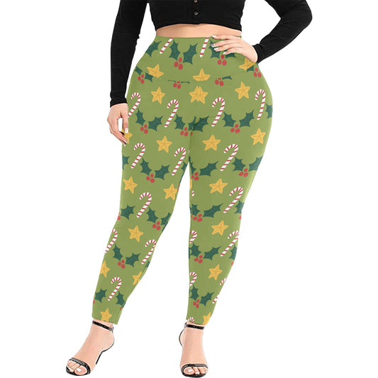 Festive Green Christmas Women's High Waist Leggings (Plus Size)