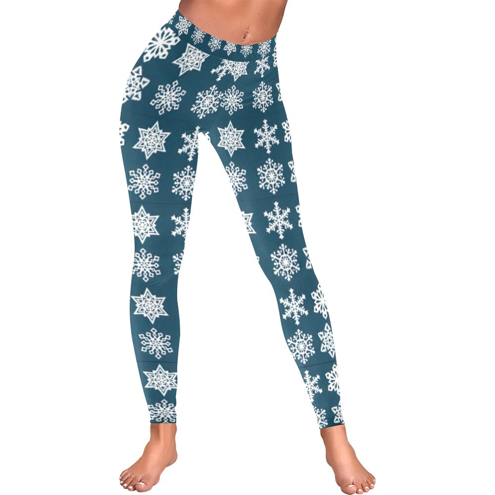 Snowflake Women's All-Over Low Rise Leggings - Festive Blue