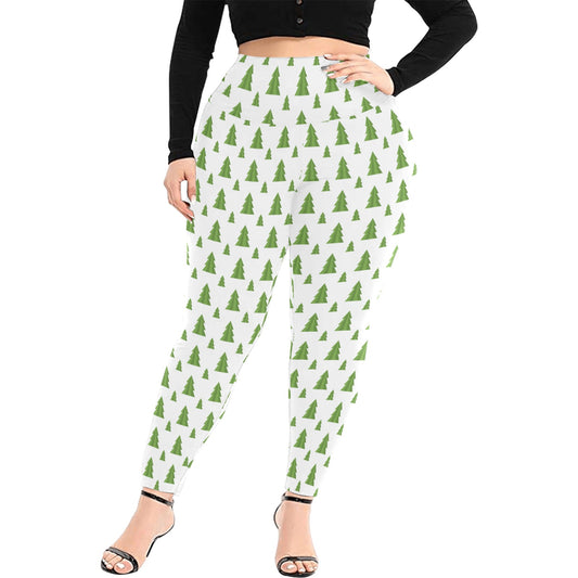 Festive White Green Christmas Trees High Waist Leggings (Plus Size)