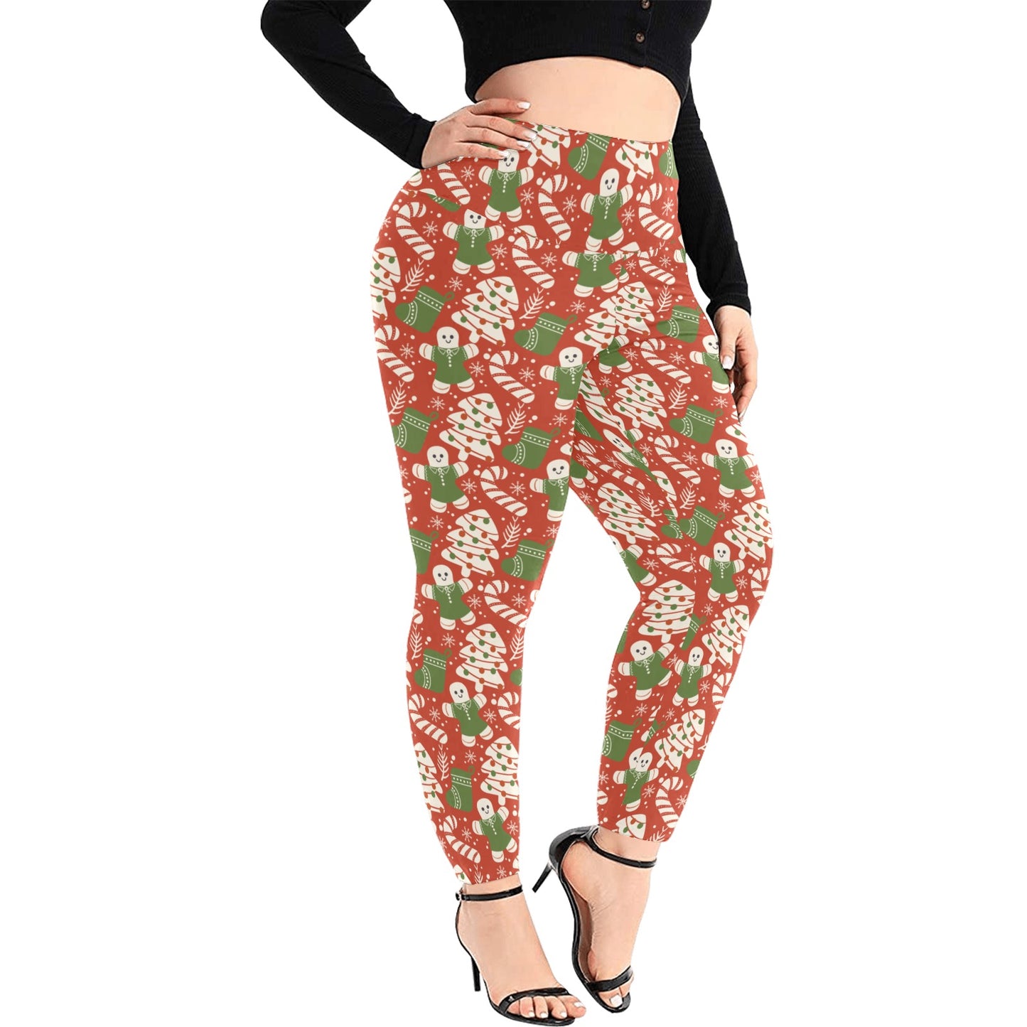 Festive Red White Christmas Women's High Waist Leggings (Plus Size)