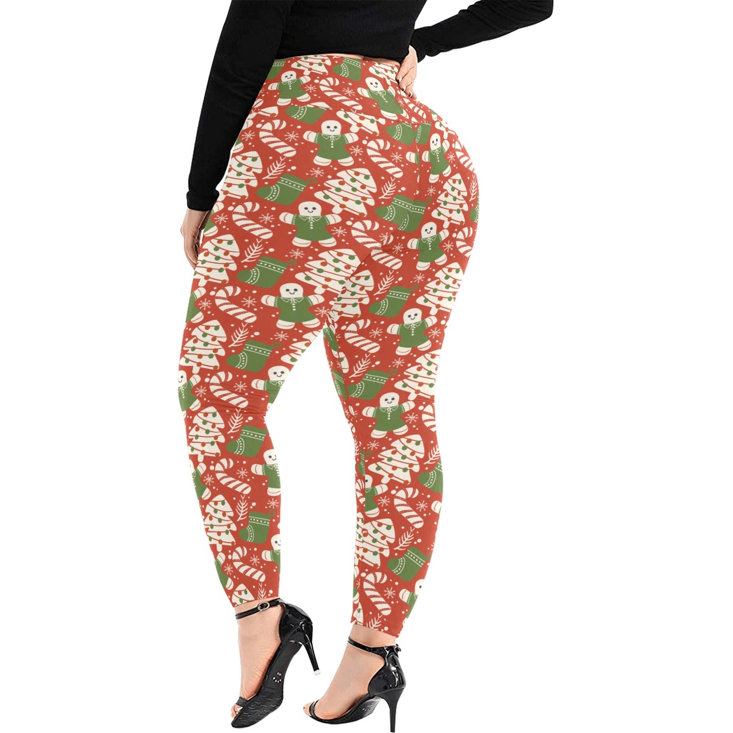 Festive Red White Christmas Women's High Waist Leggings (Plus Size)