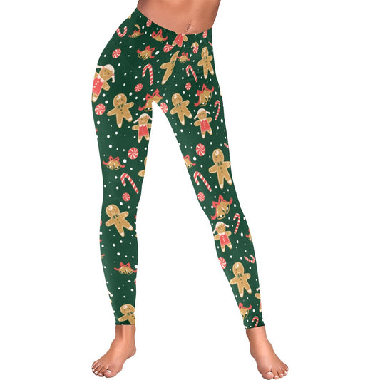 Festive Green Gingerbread Christmas Leggings for Women